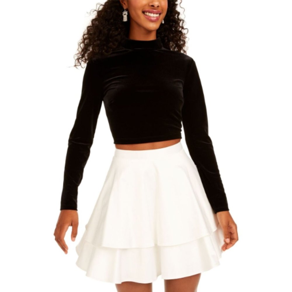 City Studio Juniors Black Long Sleeve Mock neck Top & White skirt